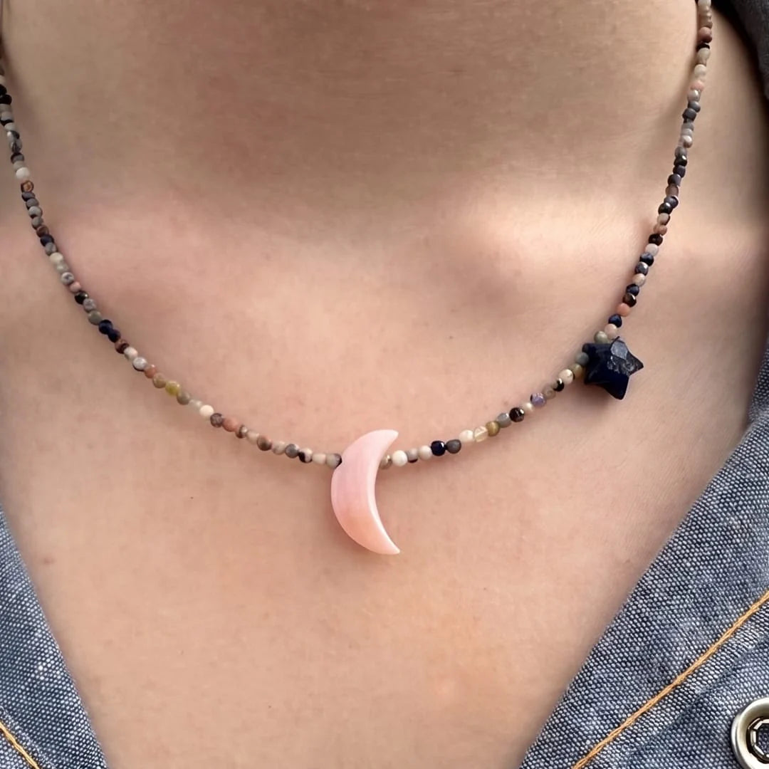 Pink Opal Moon and Sodalite Beaded Necklace