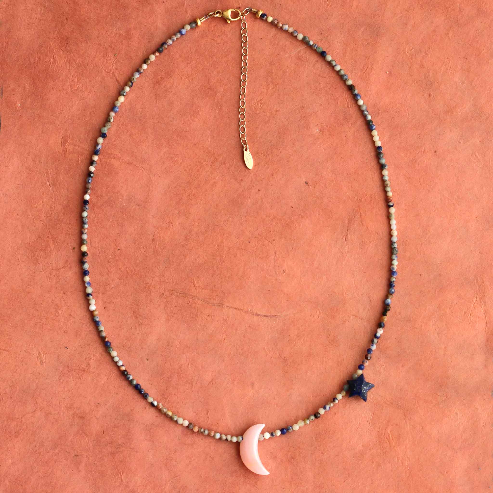 Pink Opal Moon and Sodalite Beaded Necklace