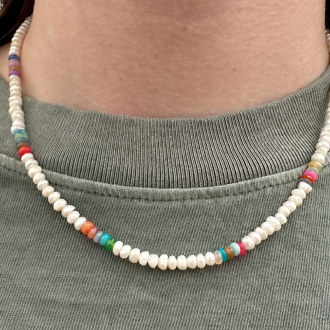 Button Freshwater Pearls & Multicolor African Opal beaded necklace