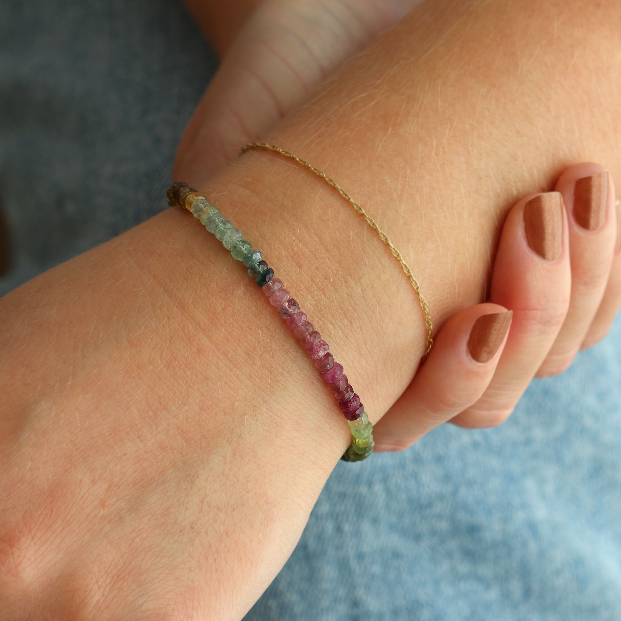 Watermelon Tourmaline Faceted Gemstone Beaded Bracelet