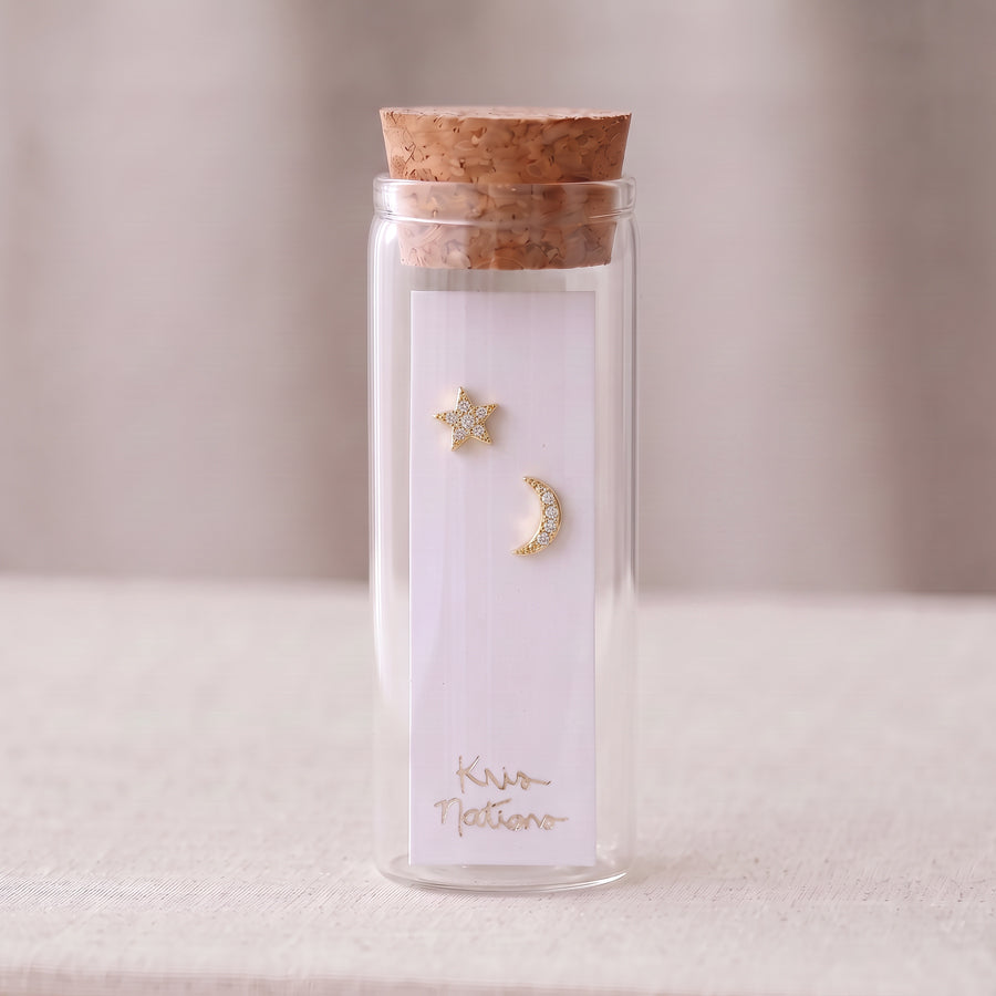 Star and Moon Crystal Stud Earrings