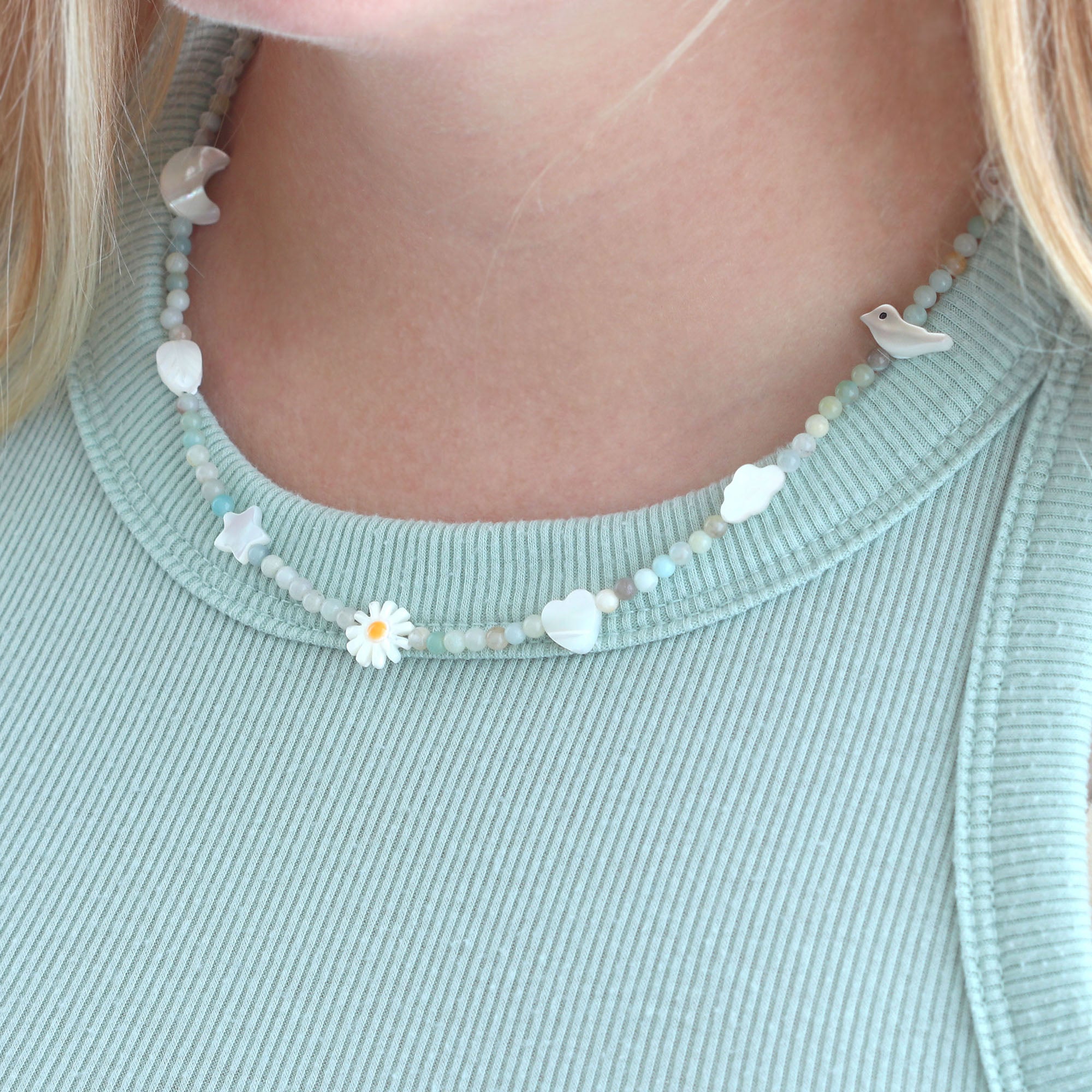 Amazonite Beaded Necklace with Mother of Pearl Charms
