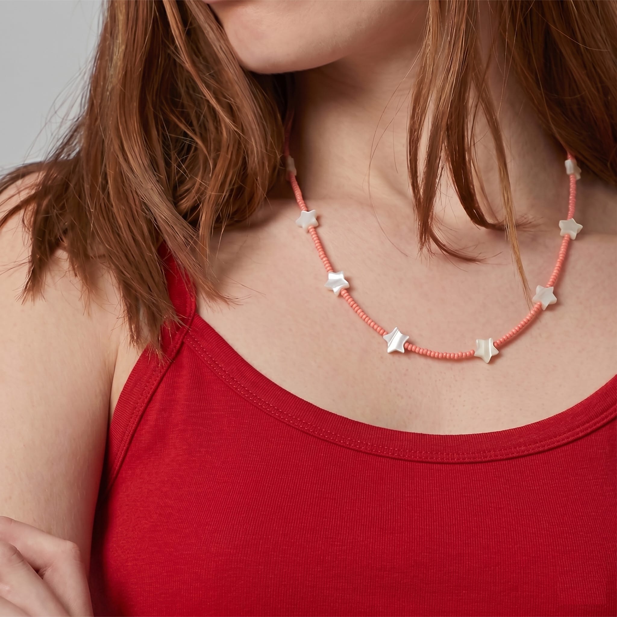 Mother of Pearl Stars and Pink Coral Seed Beads Necklace