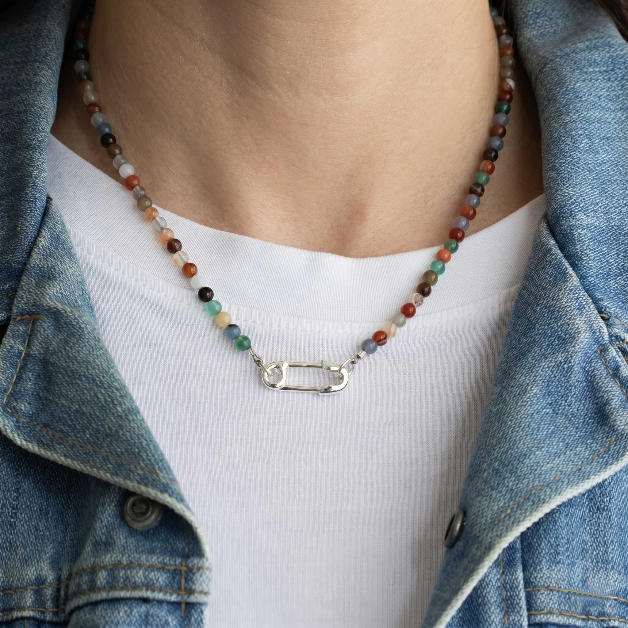 Mixed Agate Beads & Safety Pin Necklace