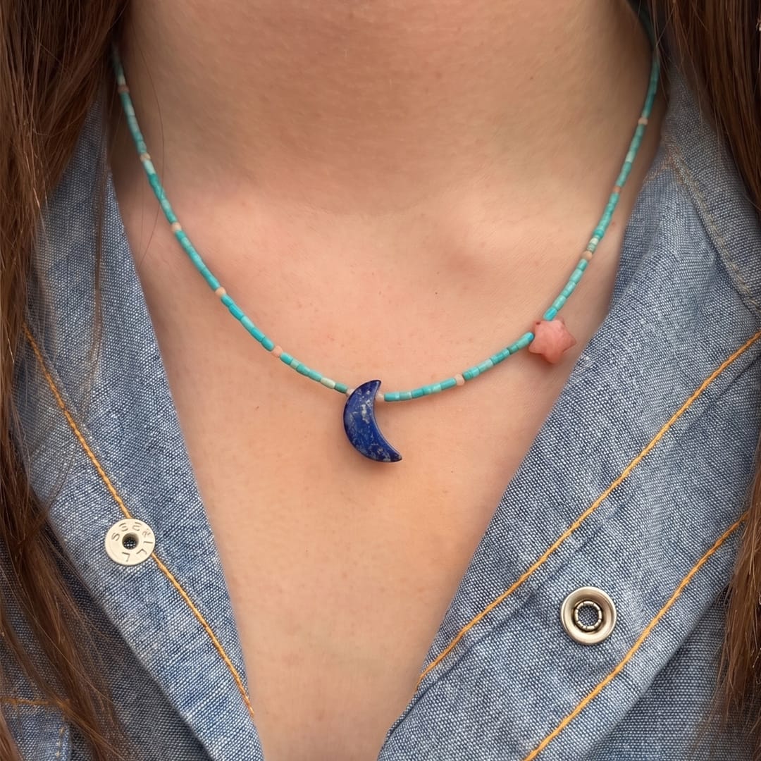 Blue Lapis Moon & Turquoise Beaded Necklace